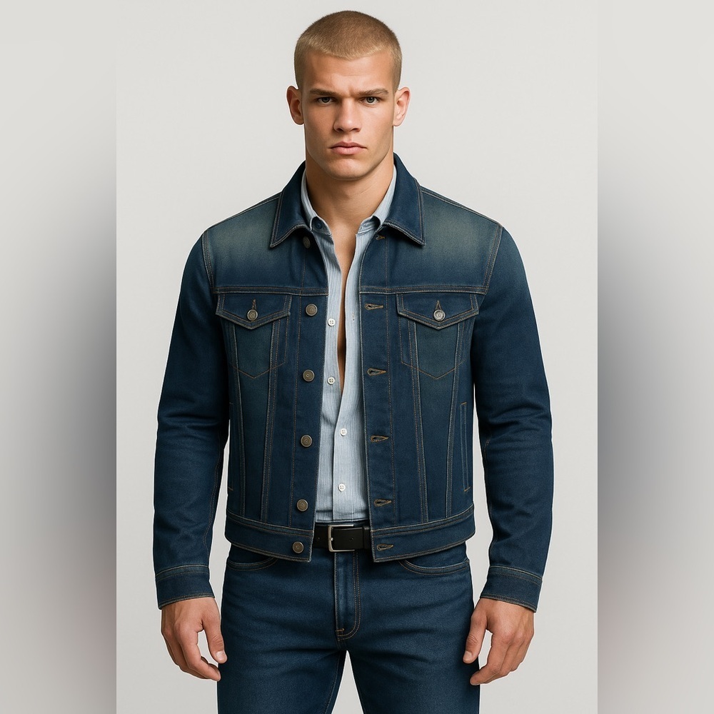 Armani Jeans Distressed Indigo Denim Jacket w/ Plaid Lining –Size M (EU 50) NWOT